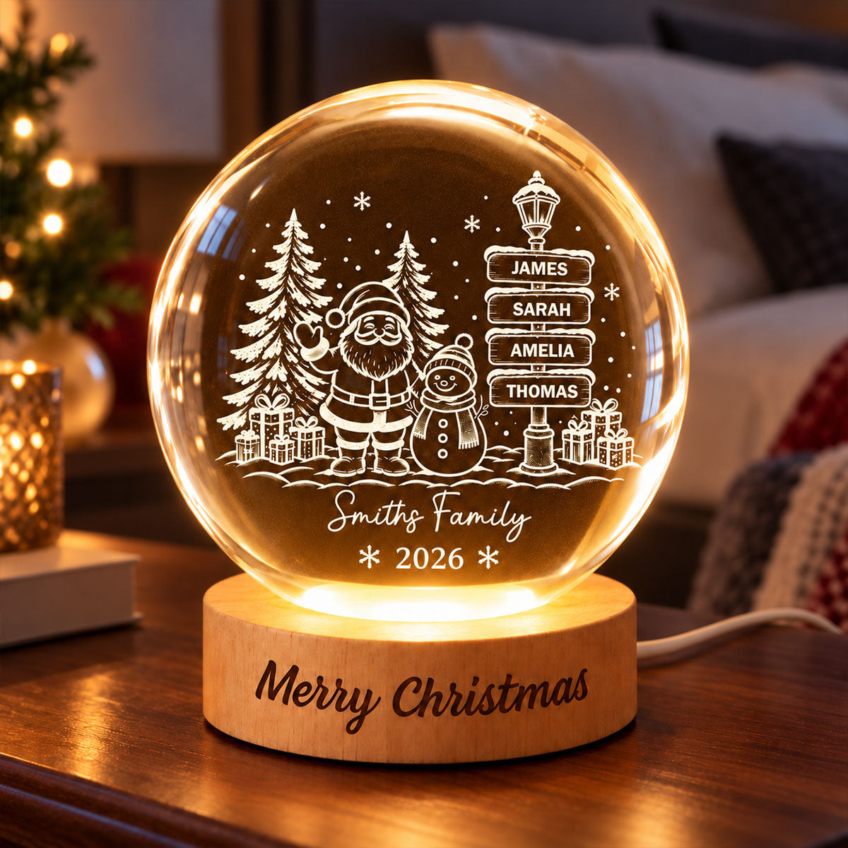 Family Name Sign Post - Personalized Crystal Ball LED Night Light - Christmas Decor for Family