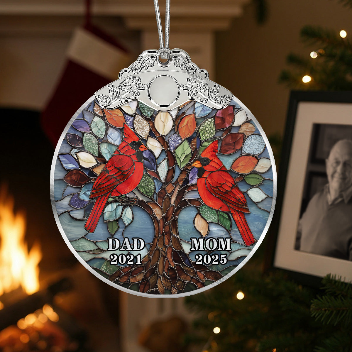 Tree Of Life Cardinals Mom Dad Mosaic Effect - Personalized Glass Ornament With Silver Cap - Christmas Memorial Keepsake For Family