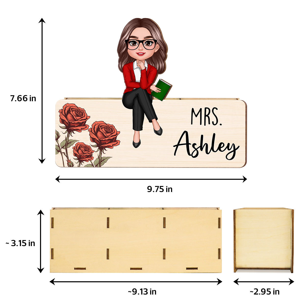 Birth Month Flower Teacher Personalized Pencil Holder, 2-Layer Wooden Plaque, Back To School Gift, Classroom Decor