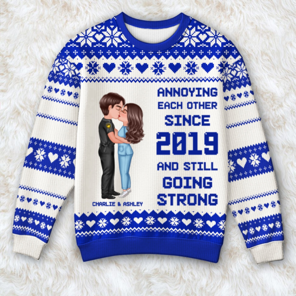 Christmas Hugging Kissing Couple Occupation Personalized Faux Knitting Ugly Sweater, Gift For Him, For Her, For Police, Nurse, Firefighter, EMS, Military