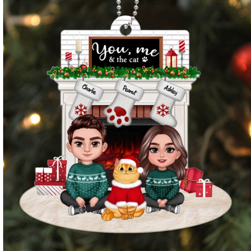 You Me & The Cats Couple Crossed Legs & Fluffy Cats Sitting At Christmas Fireplace Personalized Acrylic Ornament