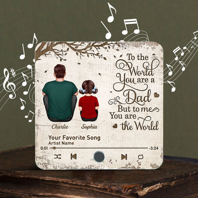 Dad And Kids Dogs Cats Sitting Under Tree To The World You Are A Dad Personalized Personalized Music Fridge Magnet, Heartfelt Gift For Dad