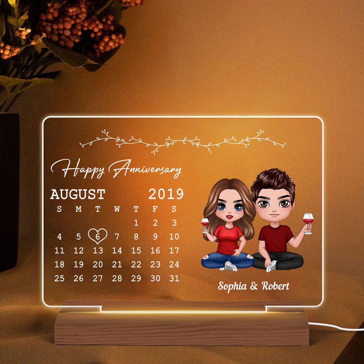 Doll Couple Calendar Anniversary Gift Rectangle Personalized Custom Shape Acrylic Plaque With LED Night Light - Anniversary Gift For Couple - Gift For Him Gift For Her