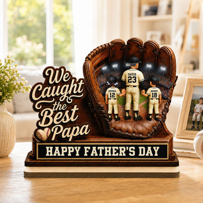We Caught The Best Grandpa Man & Kids In Glove - Personalized 2-Layered Wooden Plaque - Happy Father's Day For Baseball Grandpa