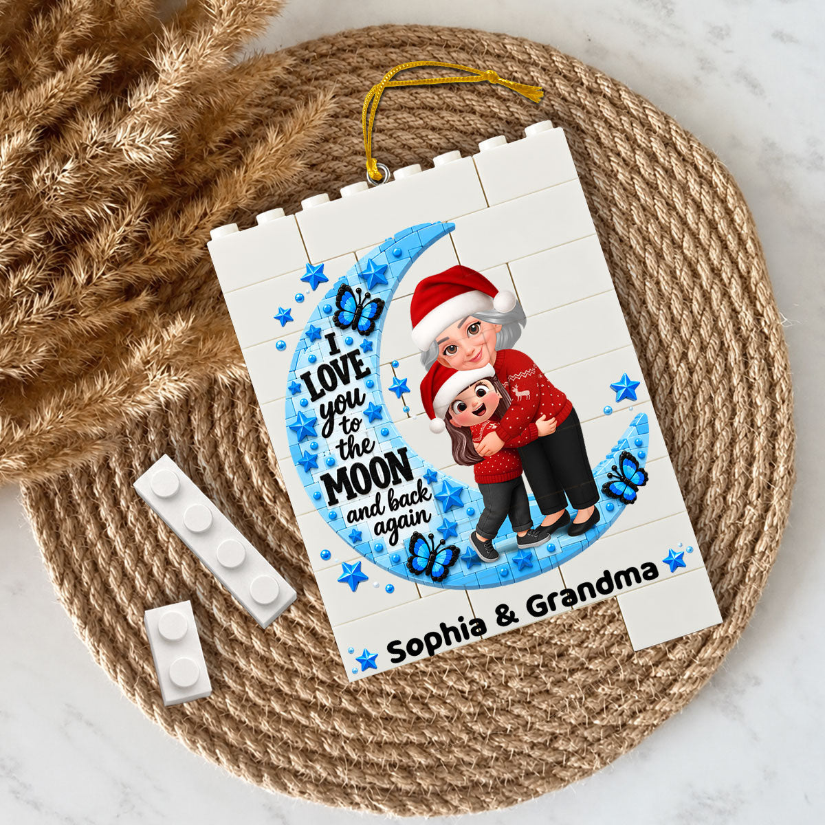 Heartwarming Grandma Hugging Grandkid Love You To The Moon And Back - Personalized Building Blocks Ornament - Christmas Gift For Kids, Son, Grandson, Daughter, Granddaughter
