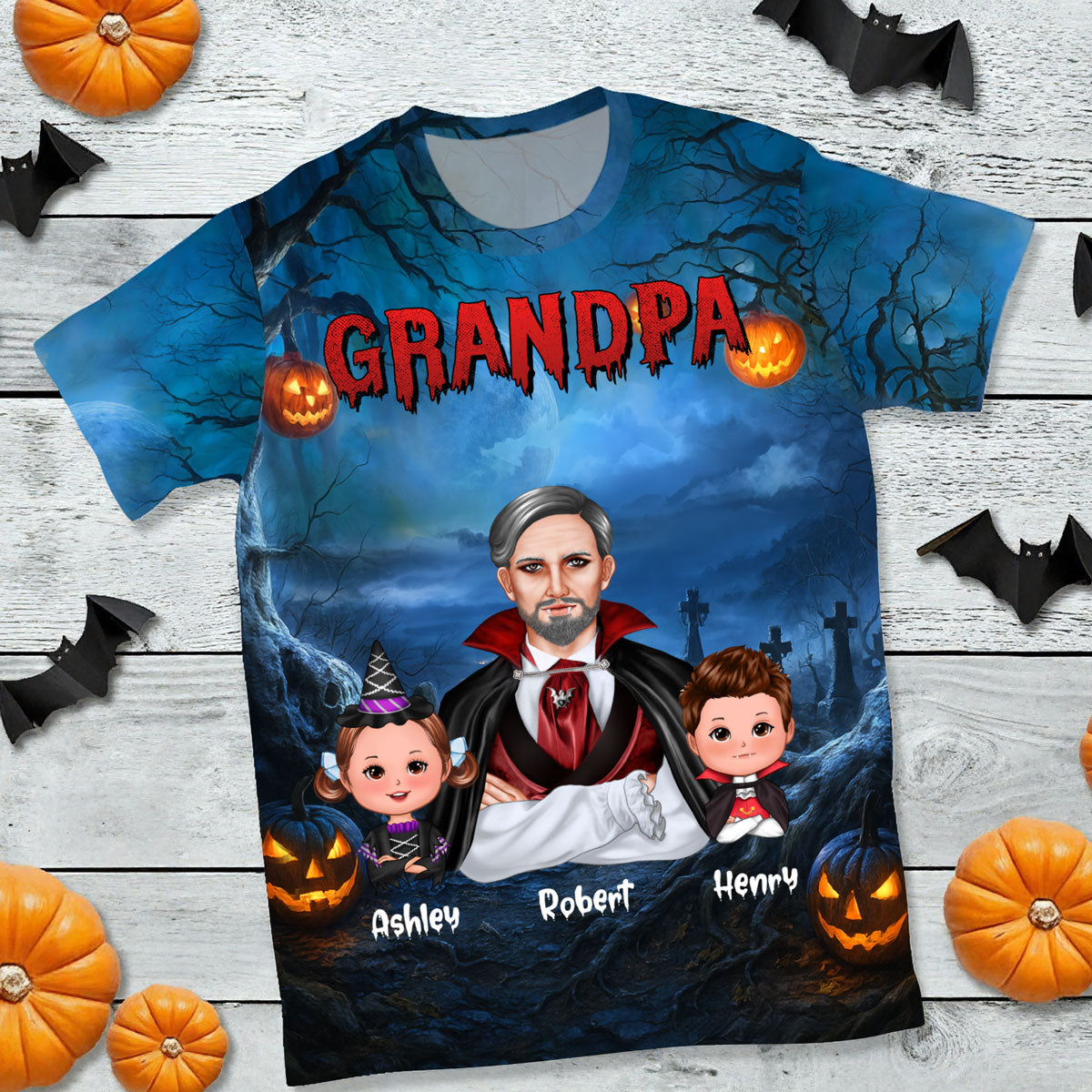 Cool Grandpa Dad Dracula & Kids In Halloween Night Personalized Shirt, Halloween Costume for Dad, Grandpa