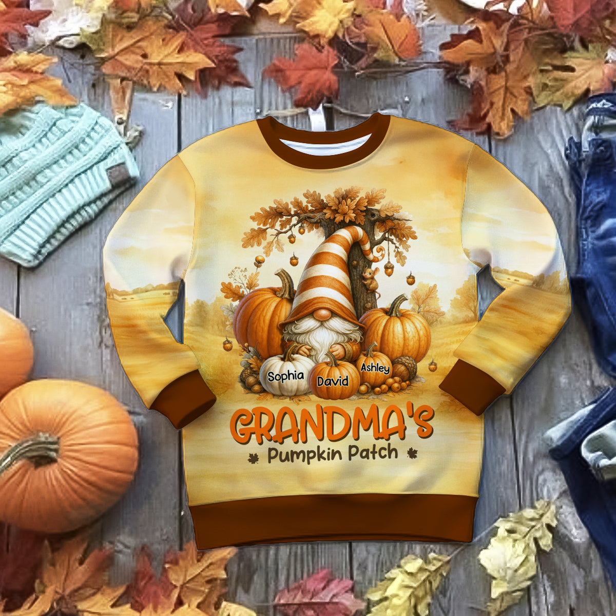 Gnome Grandma's Pumpkin 3D Personalized Fall Sweatshirt, Cozy Fall Sweatshirt for Grandma
