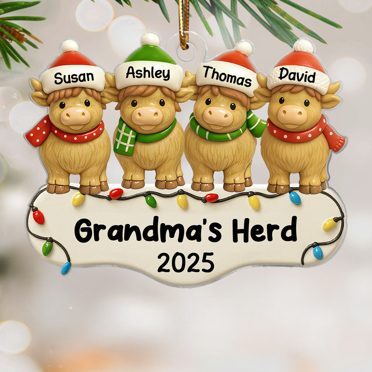3D Effect Highland Cows Grandma's Herd For Christmas Personalized Acrylic Ornament, Christmas Decor For Grandma