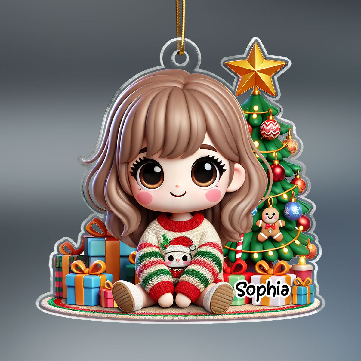 Cute Granddaughter Grandson Kid Sitting With Christmas Tree And Gift Personalized Acrylic Ornament, Gift For Grandkids
