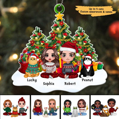 Doll Couple And Fluffy Cats Sitting On Snow Christmas Tree Personalized Acrylic Ornament