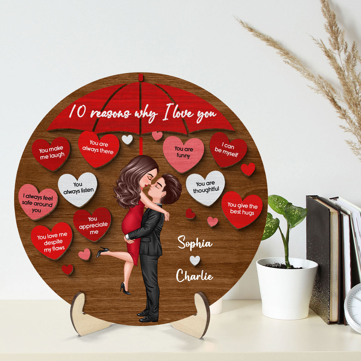 Reasons I Love You Couple Kissing Under Umbrella Personalized 2-layer Wooden Plaque