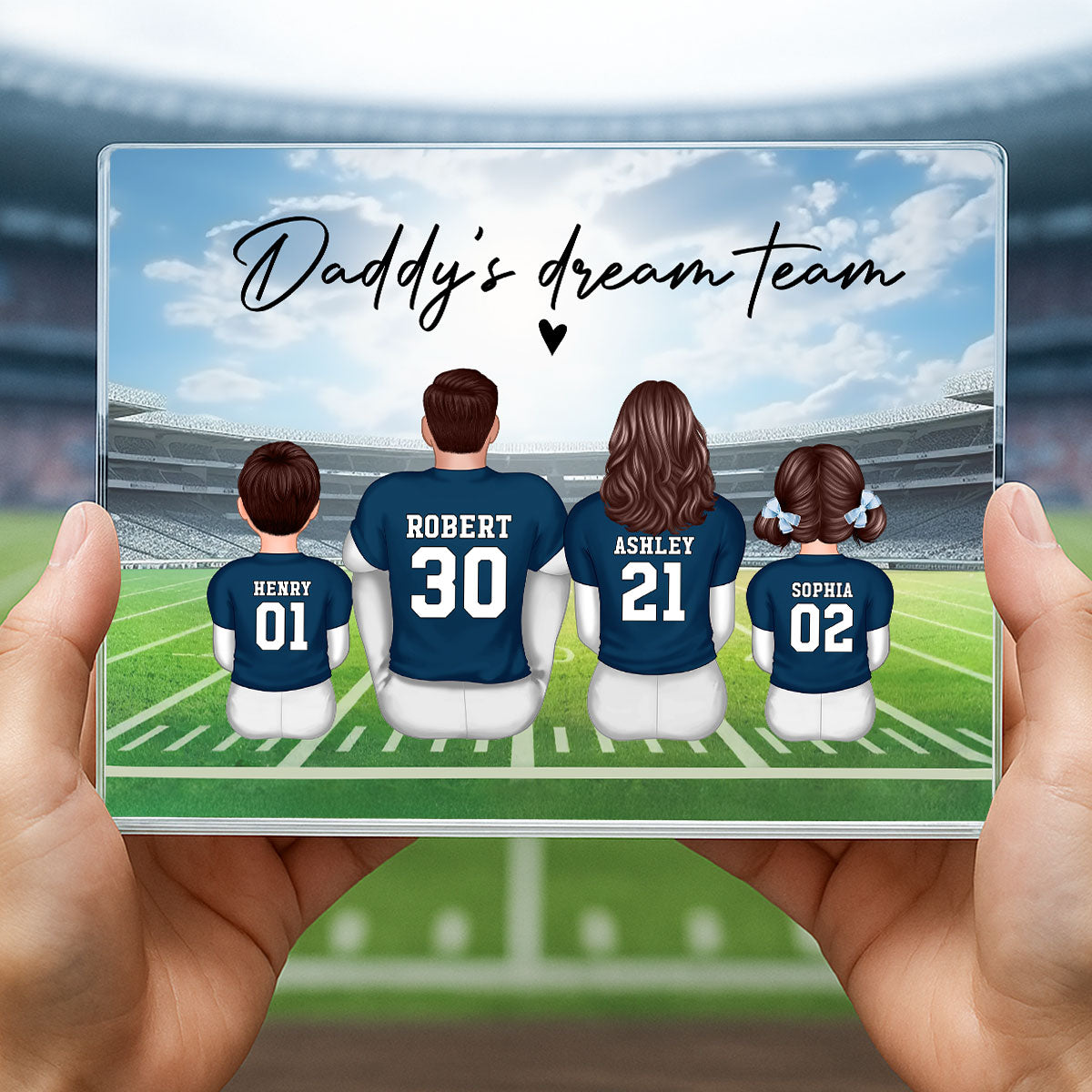 Daddy's Team Football Family Sitting Back View Personalized Acrylic Block, Father's Day Gift