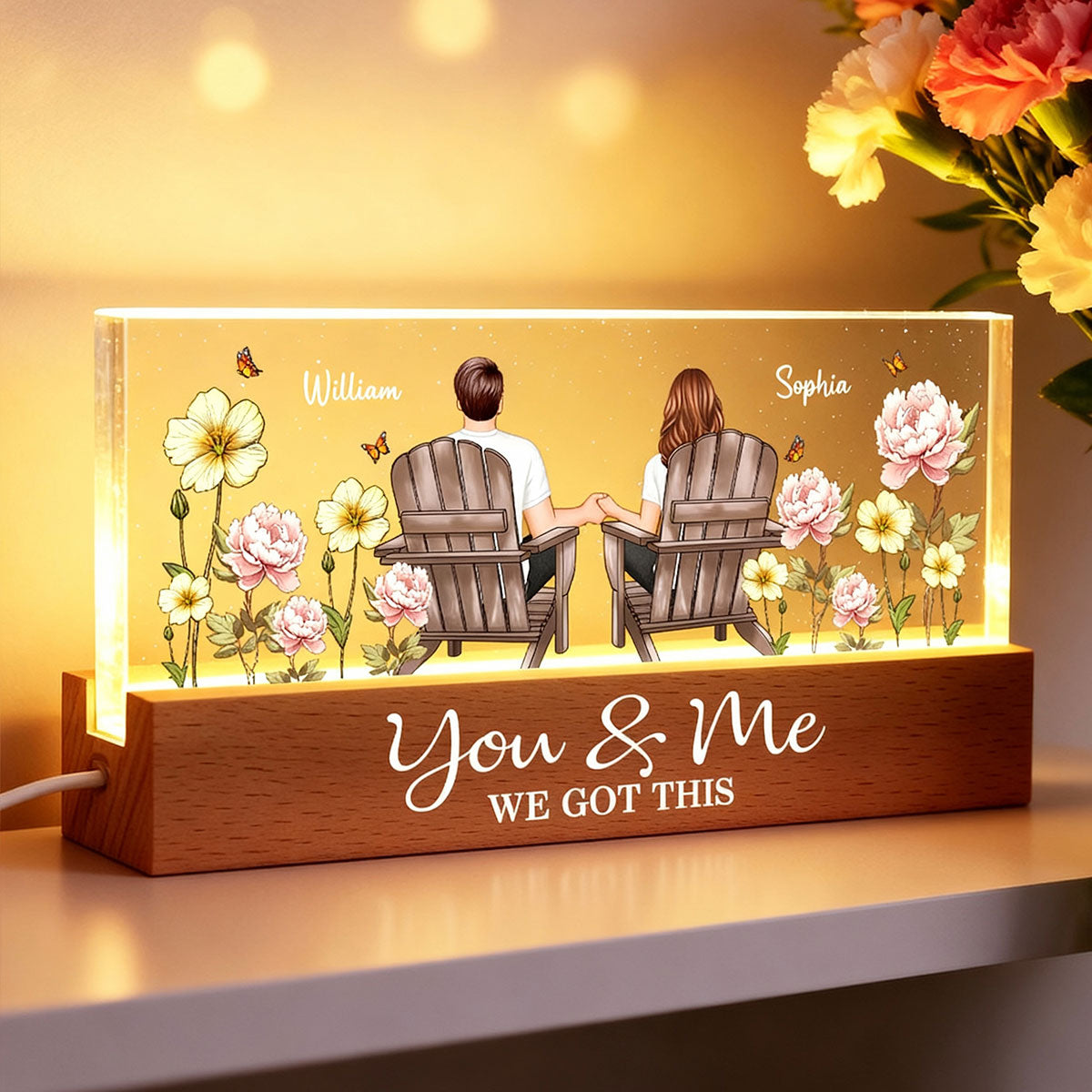 Eternal Love Couple Custom Birth Month Flower - Personalized Acrylic Block LED Night Light - Heartfelt Gift For Couple, For Him, For Her, Boyfriend, Girlfriend, Husband, Wife