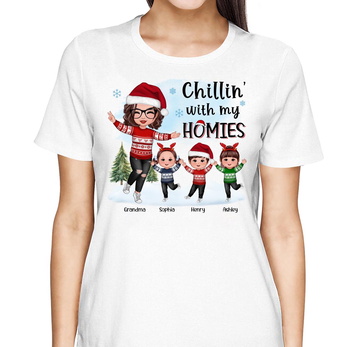 Chillin‘ With My Homies Happy Grandma & Grandkids Playing In Snow Personalized Shirt