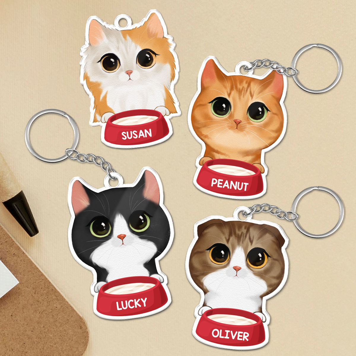 Peeking Watercolor Cute Cats With Bowl Personalized Acrylic Keychain