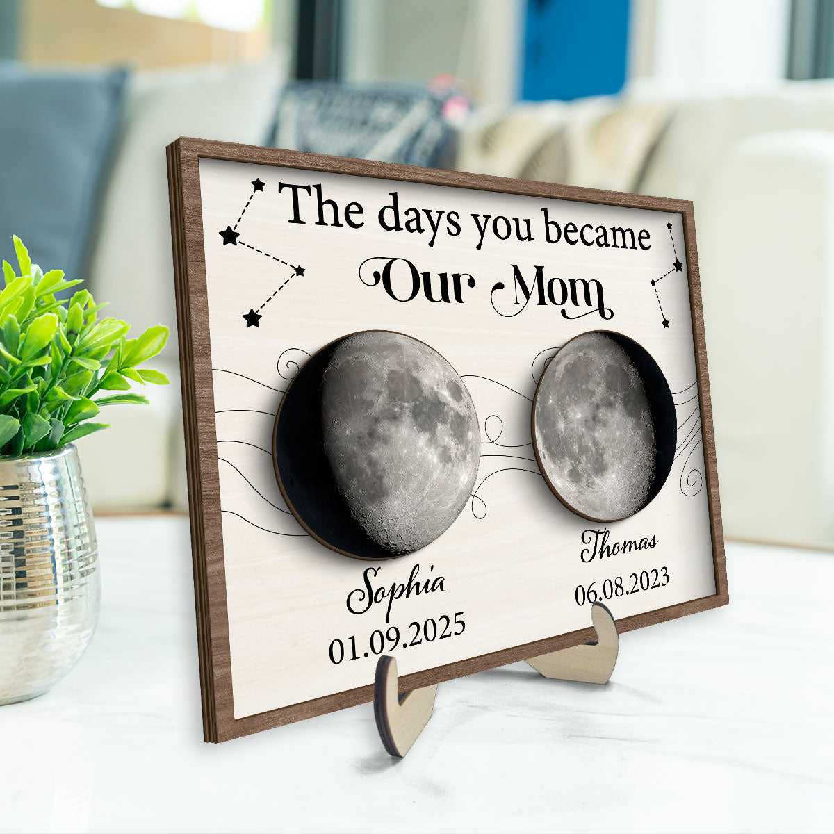 The Day You Became Mom Grandma Custom Birth Moon Phase Personalized 2-Layered Wooden Plaque, Gift