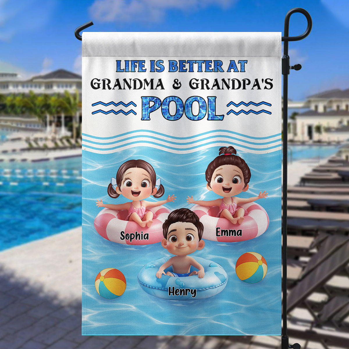 Life is Better at Grandma & Grandpa Pool Personalized Garden Flag, Grandparents Hosting Grandkids Welcome Flag
