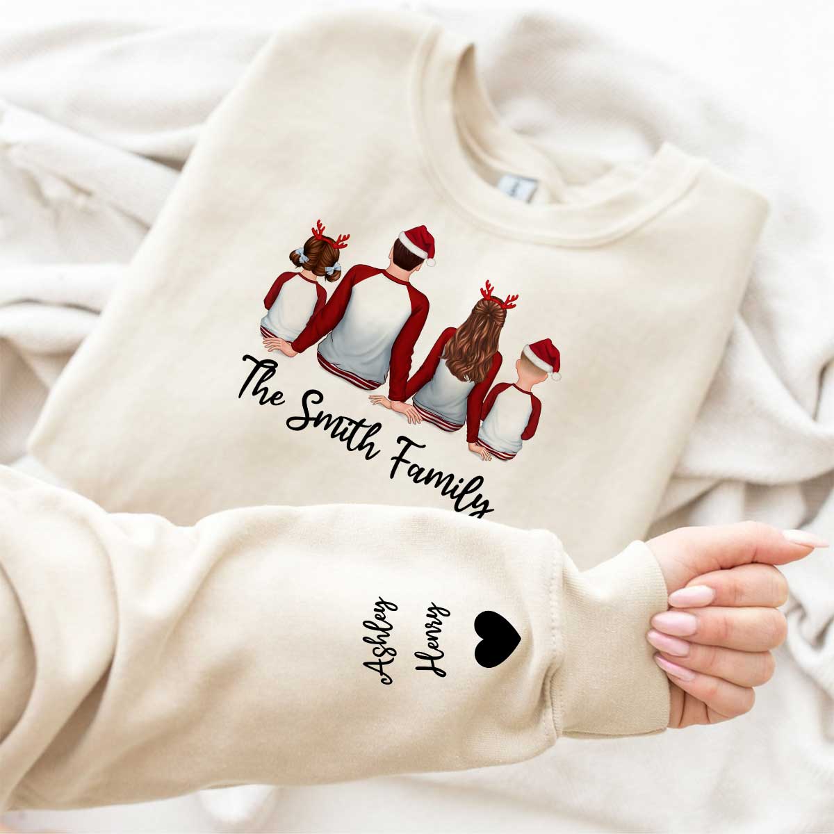 Family Sitting Pajamas Back View Personalized Sleeve Printed Sweatshirt