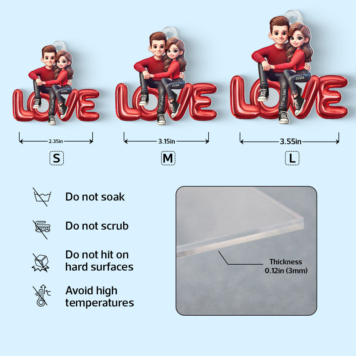 3D Effect Couple Sitting On LOVE Personalized Acrylic Keychain,  gift, Anniversary Gift for Couples