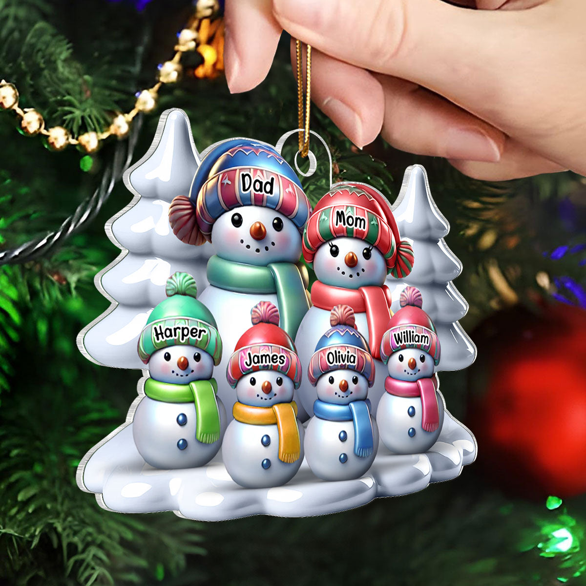 3D Effect Winter Snowmen Happy Family Dad Mom Grandpa Grandma With Kids Personalized Acrylic Ornament
