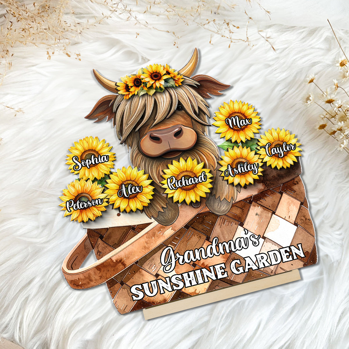 Cute Highland Cow Sunflower with Grandkids’ Names Sunny Vibe Personalized 2-Layer Standing Wooden Plaque