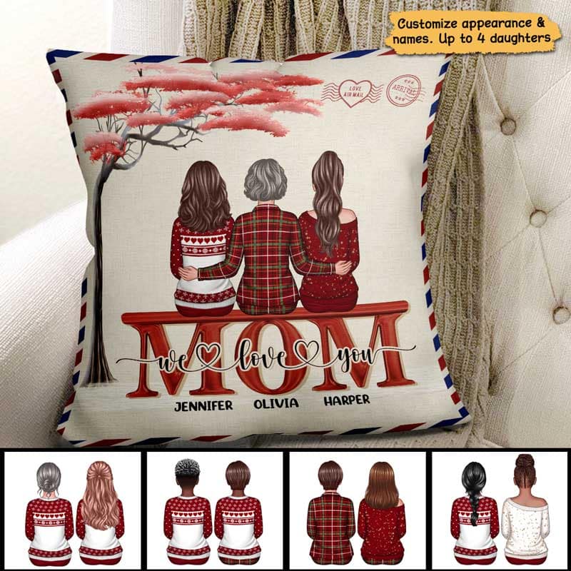 Mom We Love You Mother Daughter Back View Envelope Red Tree Personalized Pillow (Insert Included)