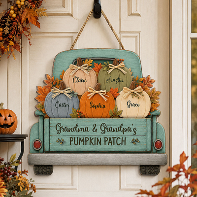 Grandma Grandpa's Pumpkin Patch Truck 2D Flat Printed - Personalized Door Hanger - Fall Season Decor For Grandparents