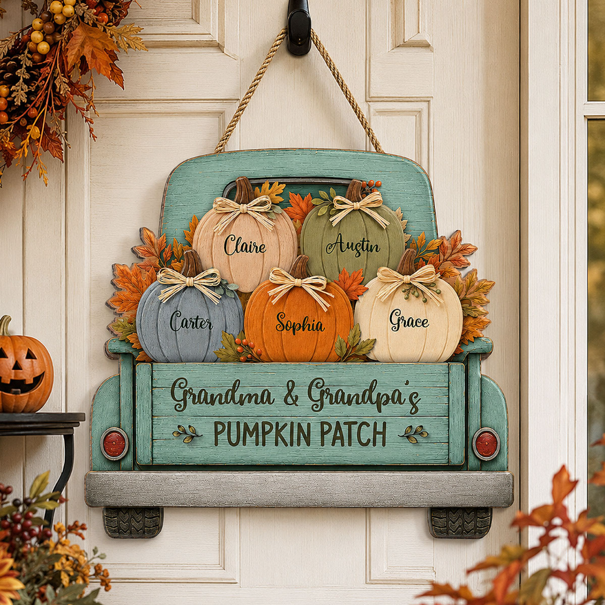 Grandma Grandpa's Pumpkin Patch Truck 2D Flat Printed - Personalized Door Hanger - Fall Season Decor For Grandparents