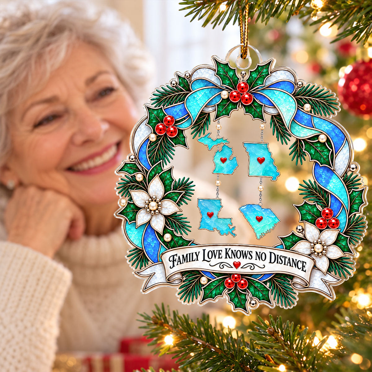 Trending Family Love Knows No Distance Custom States - Personalized Acrylic Ornament - Long Distance Family Gift