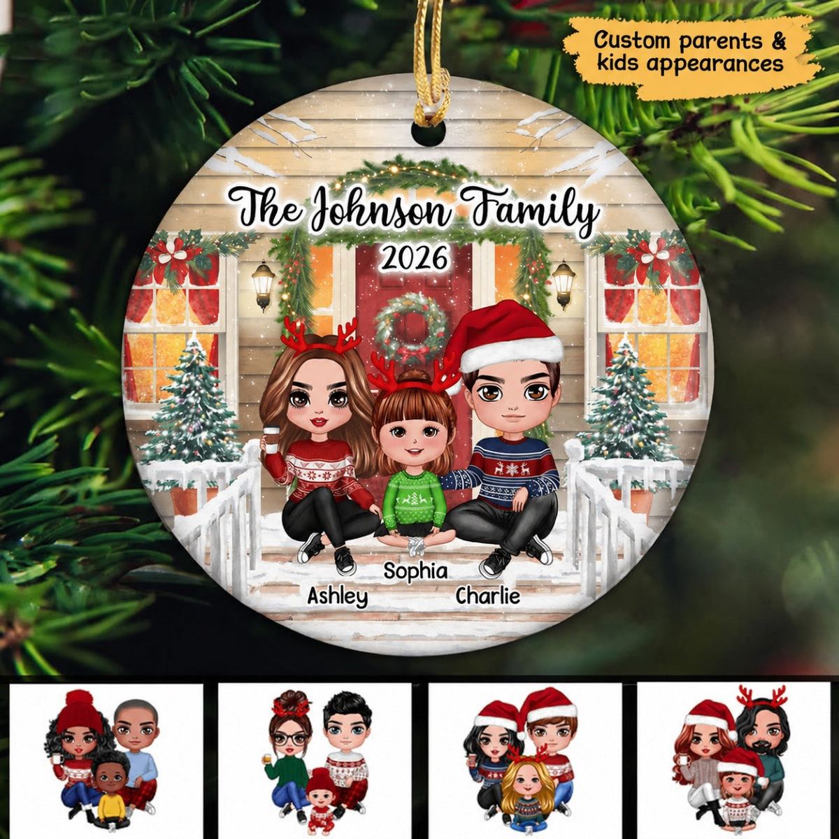 Family 2022 Christmas Front Porch Personalized Circle Ornament