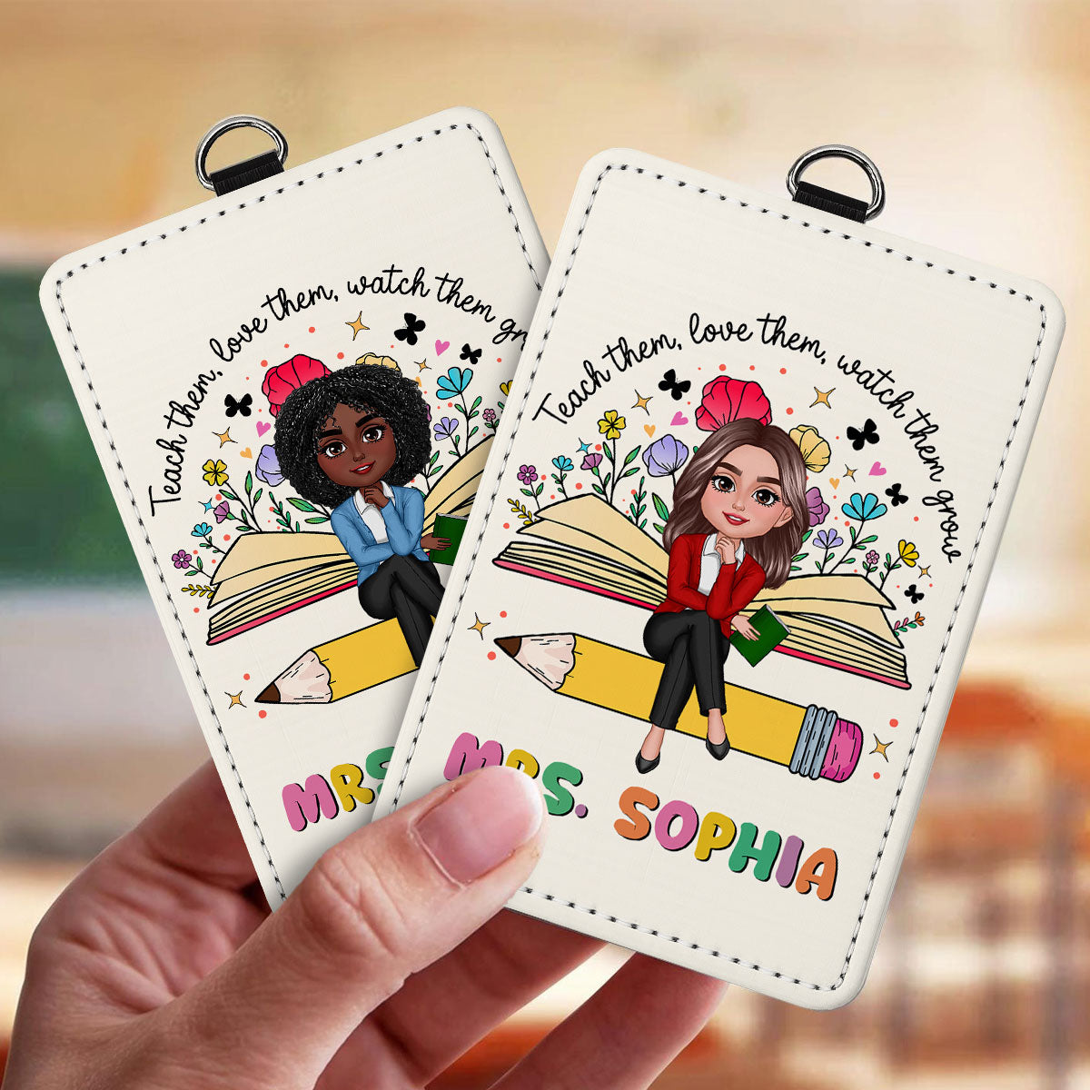 Teacher Teach Love Watch Them Grow Wildflowers Personalized ID Badge Holder, Back To School Gift