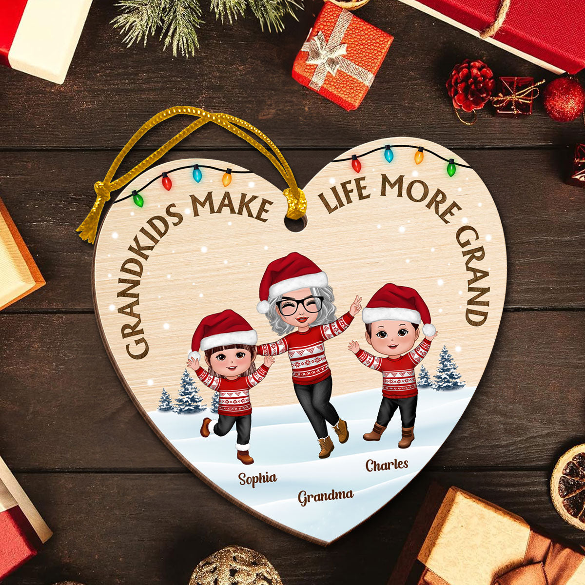Grandkids Make Life More Grand Happy Grandma Grandkids Personalized Wooden Ornament, Christmas Gift for Grandma, Grandkids