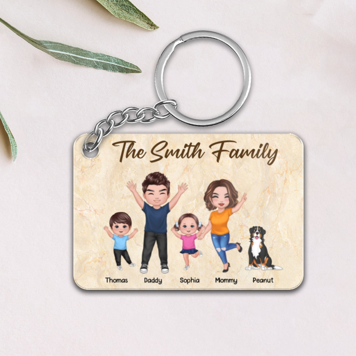 Happy Doll Family Couple Dad Mom Kids Dogs Cats Personalized Acrylic Keychain