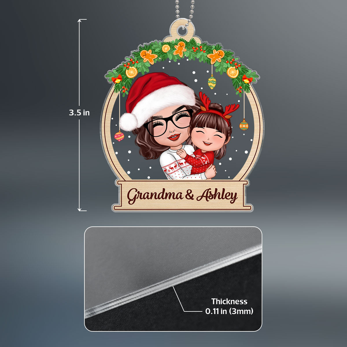 Christmas Doll Grandma Hugging Grandkid In Snow Globe Gift For Granddaughter Grandson Personalized Acrylic Ornament