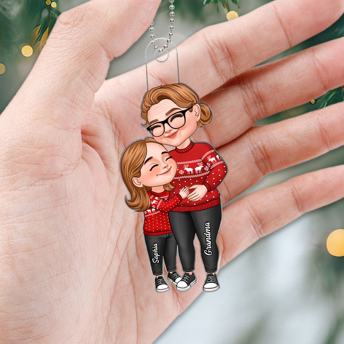 Cartoon Grandma & Grandkid Hugging Christmas Gift For Granddaughter Grandson Personalized Acrylic Ornament