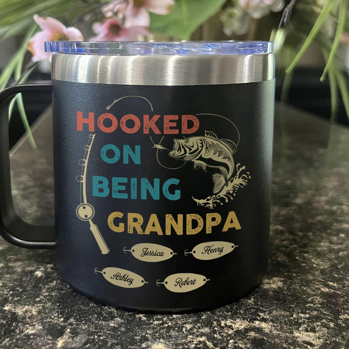 Hooked On Being Grandpa Fishing Personalized Stainless Steel Tumbler With Handle