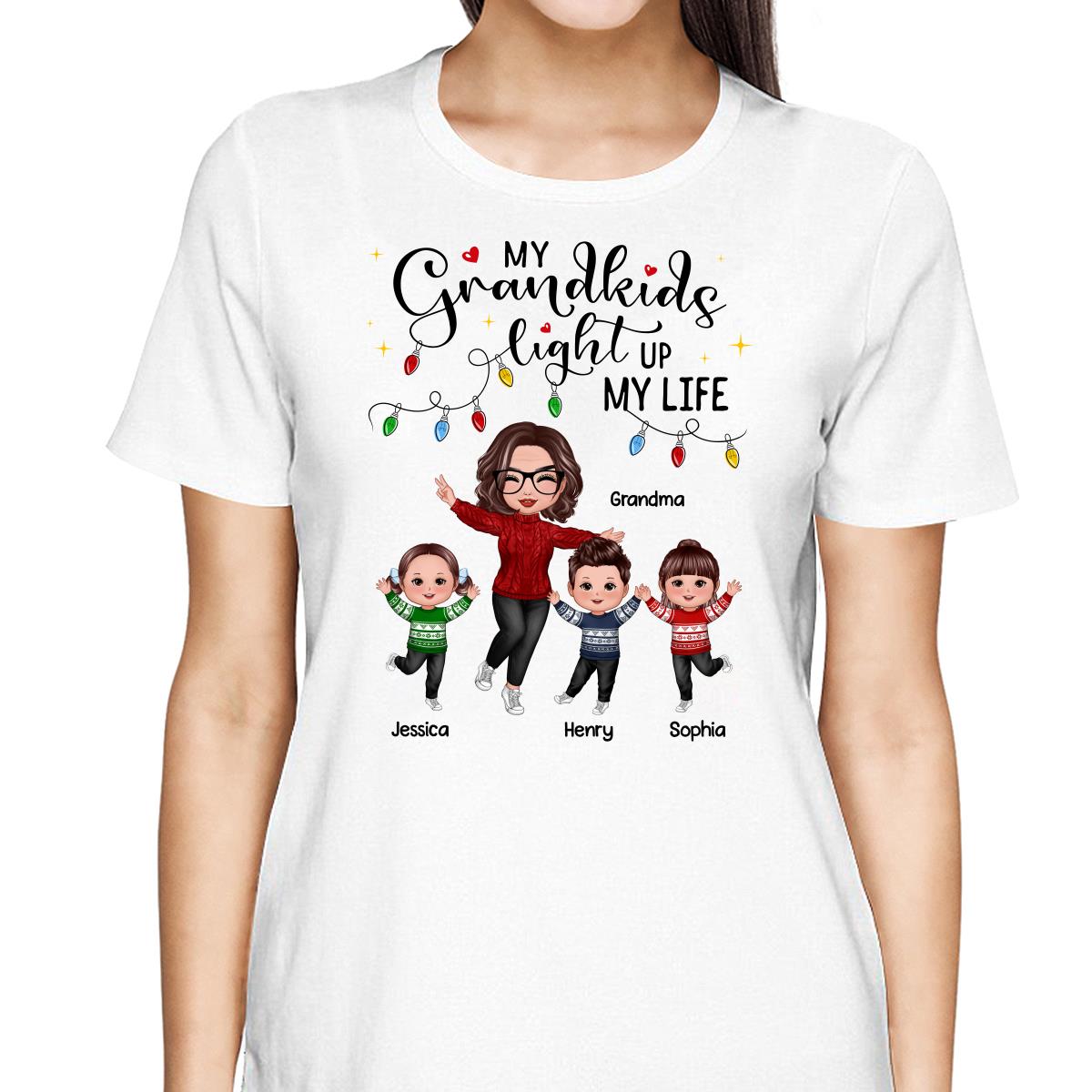 Happy Doll Grandma And Kids My Grandkids Light Up My Life Christmas Personalized Shirt