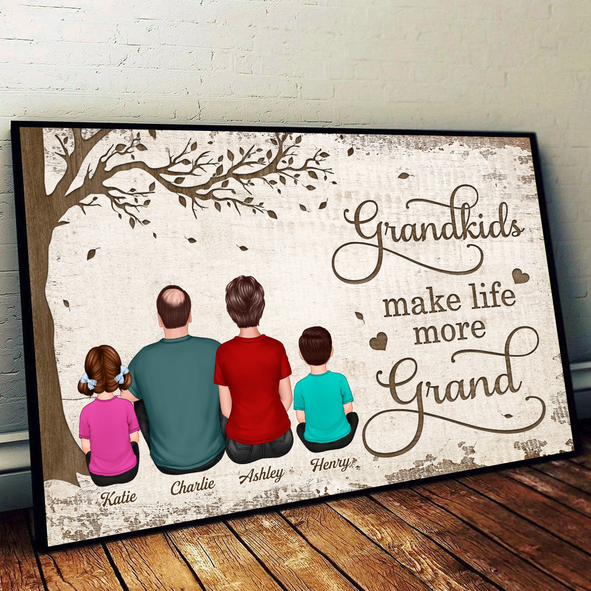 Back View Grandpa Grandma With Grandkids Sitting Under Tree Personalized Horizontal Poster