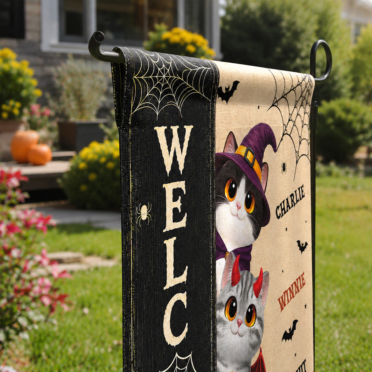 Spooky Cats Welcome - Personalized Garden Flag - Halloween Yard Decor