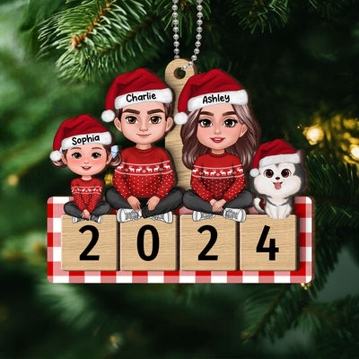 Checkered Pattern Family Sitting On 2024 Puzzle Personalized Wooden Ornament