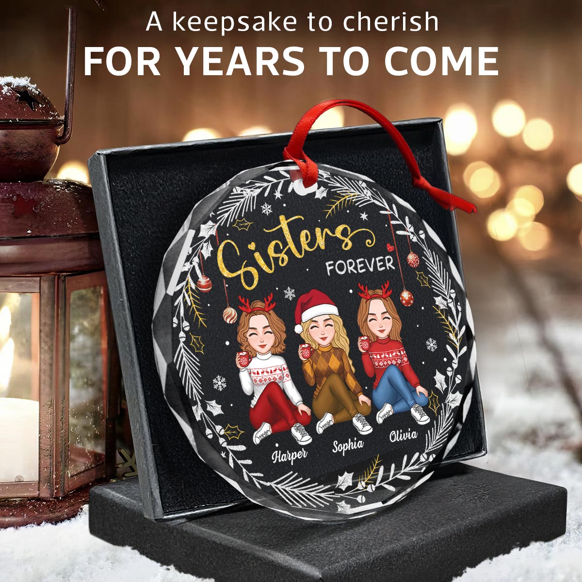 Gorgeous Sisters Forever Personalized Glass Ornament, Christmas Gift For Sisters