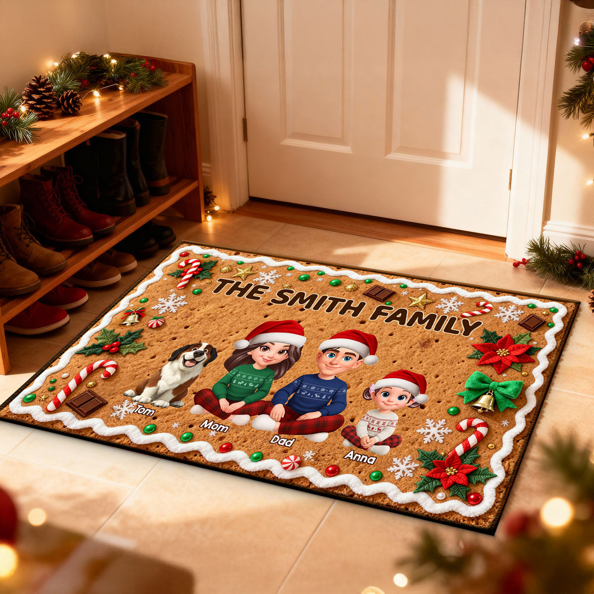 3D Effect Gingerbread Theme Beautiful Family Together Christmas - Personalized Doormat