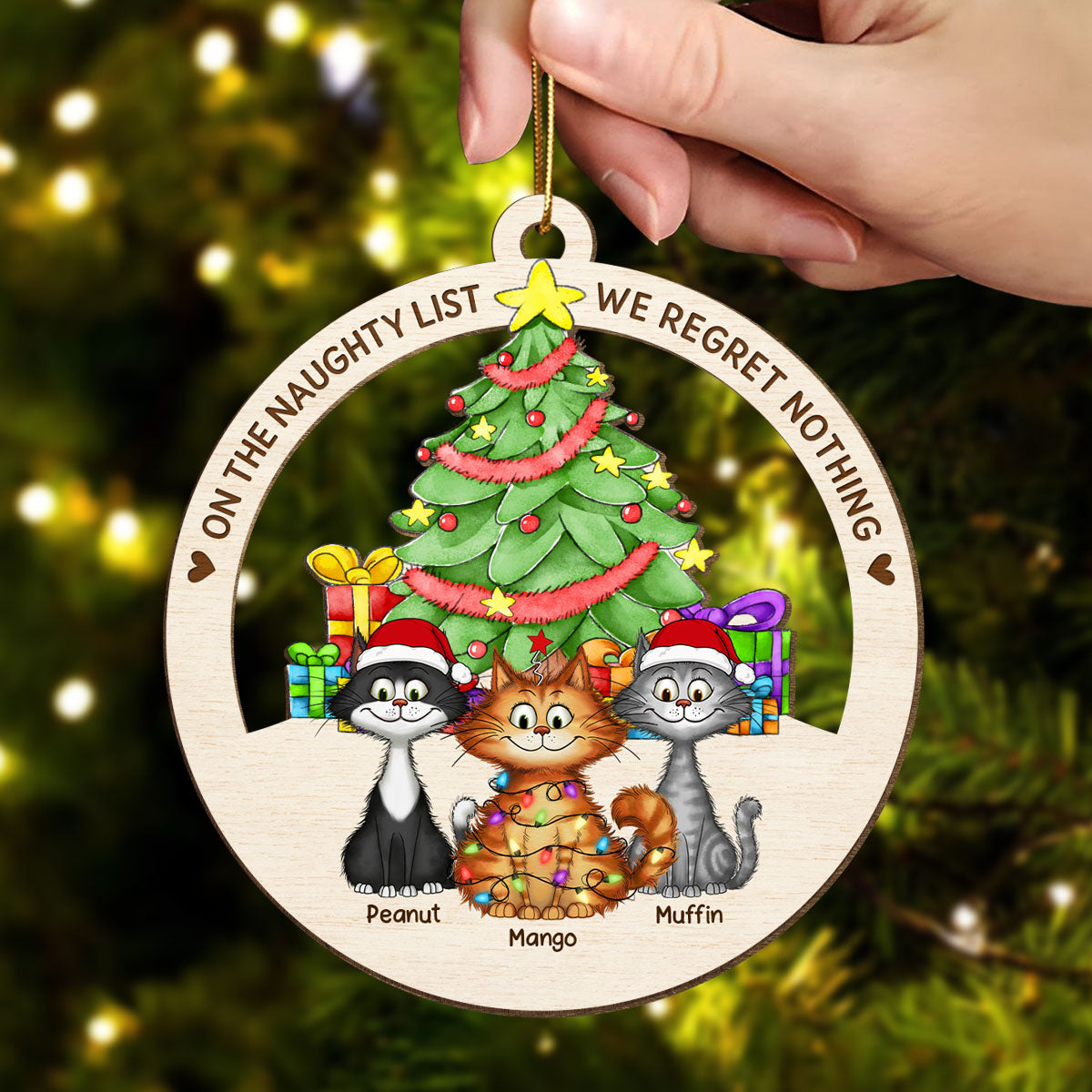 Christmas Tree Quirky Cat On The Naughty List We Regret Nothing Wooden Ornament, Personalized Christmas Cat Ornament