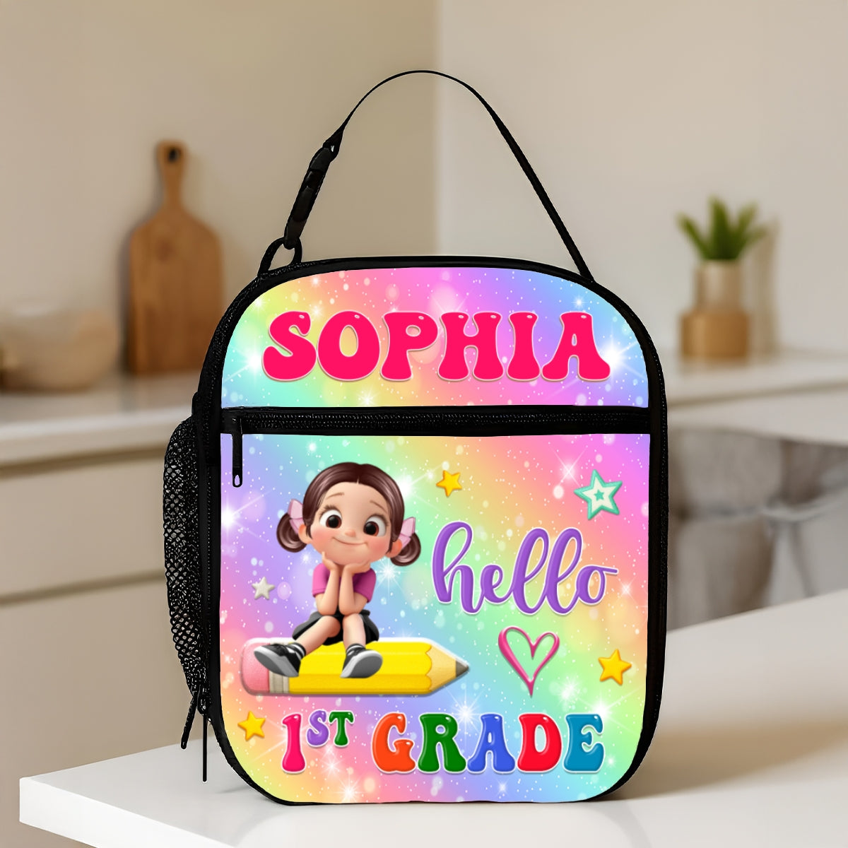 Kid Sitting On Pencil Personalized Insulated Kid Lunch Bag, Back To School gift