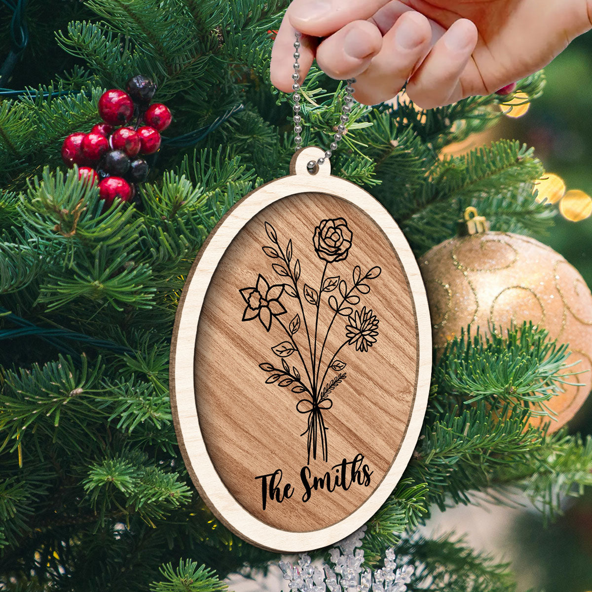 Family Sisters Besties Birth Month Flowers Bouquet Personalized 2-Layer Wooden Ornament, Christmas Gift