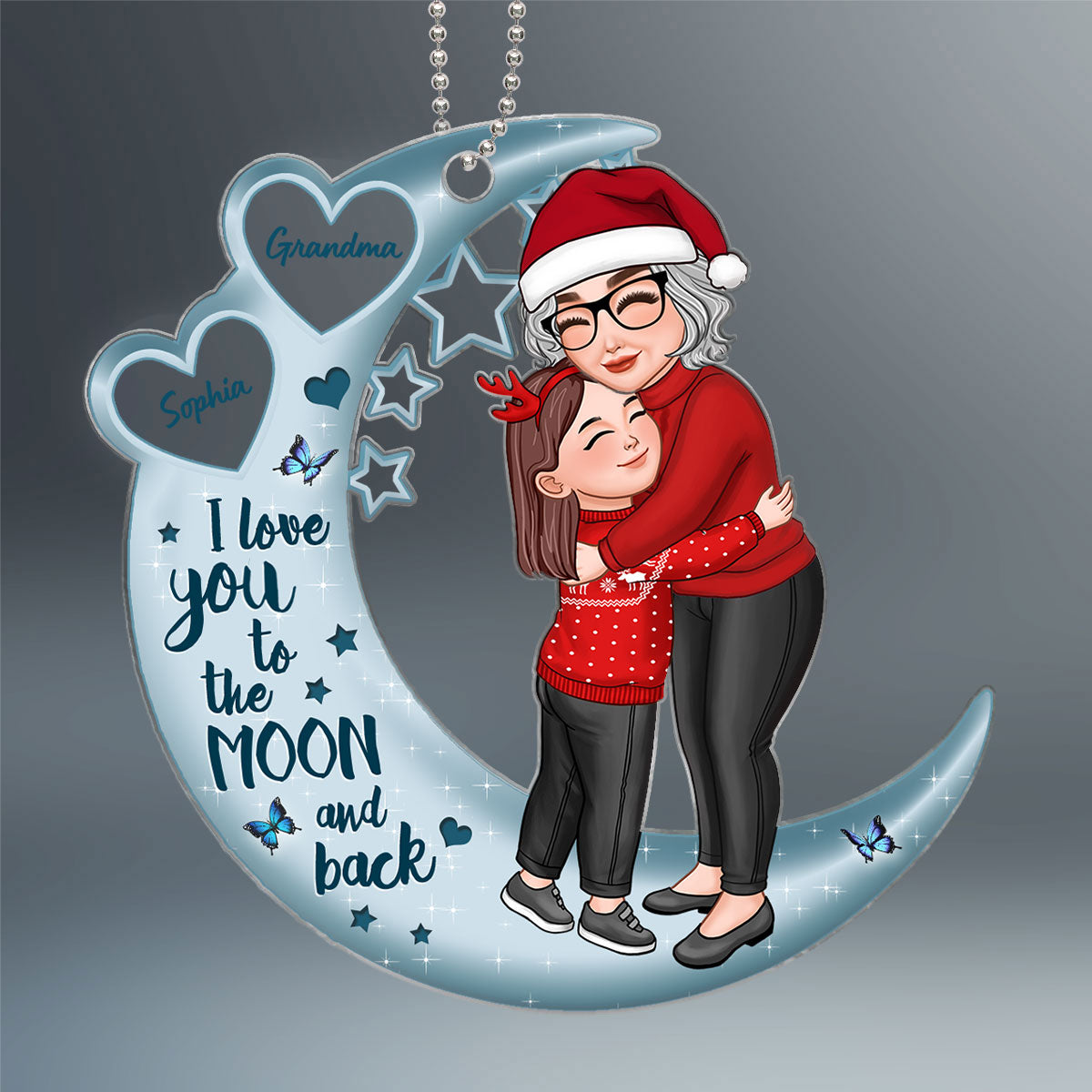 Grandma Hugging Grandson Granddaughter On Moon Hearts Personalized Acrylic Ornament