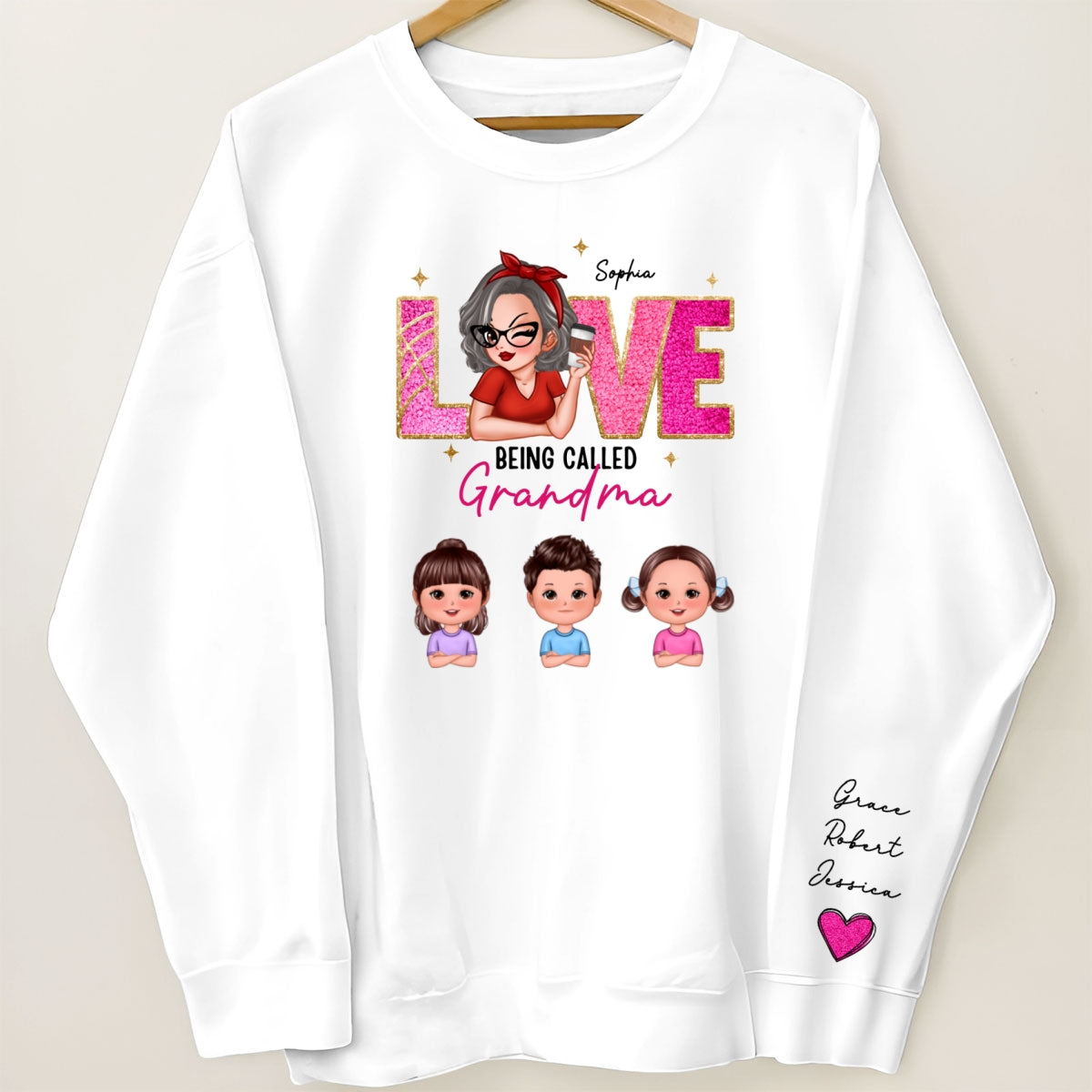 Love Being Called Grandma Glitter Texture Personalized Sleeve Printed Sweatshirt