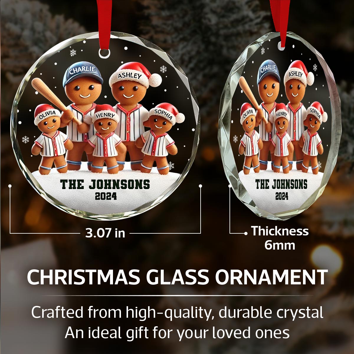 Baseball Gingerbread Family Sport Lover 3D Effect Personalized Glass Ornament