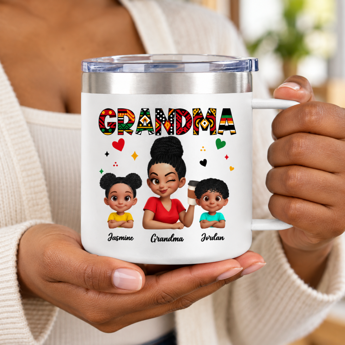 Tribal Pattern Grandma Grandkids Love - Personalized Stainless Steel Tumbler With Handle - Gift For Grandma