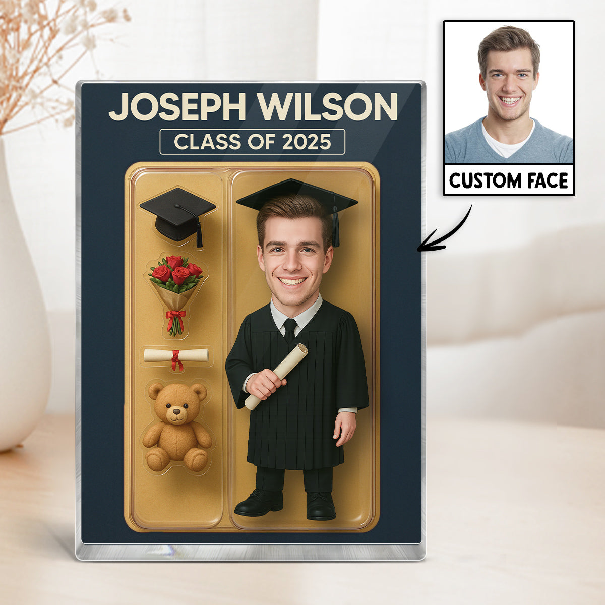 [MALE version ONLY] - 3D Effect Graduation Custom Figure Personalized Flat Rectangle Acrylic Block Plaque, Unique Keepsake, Graduation Gift